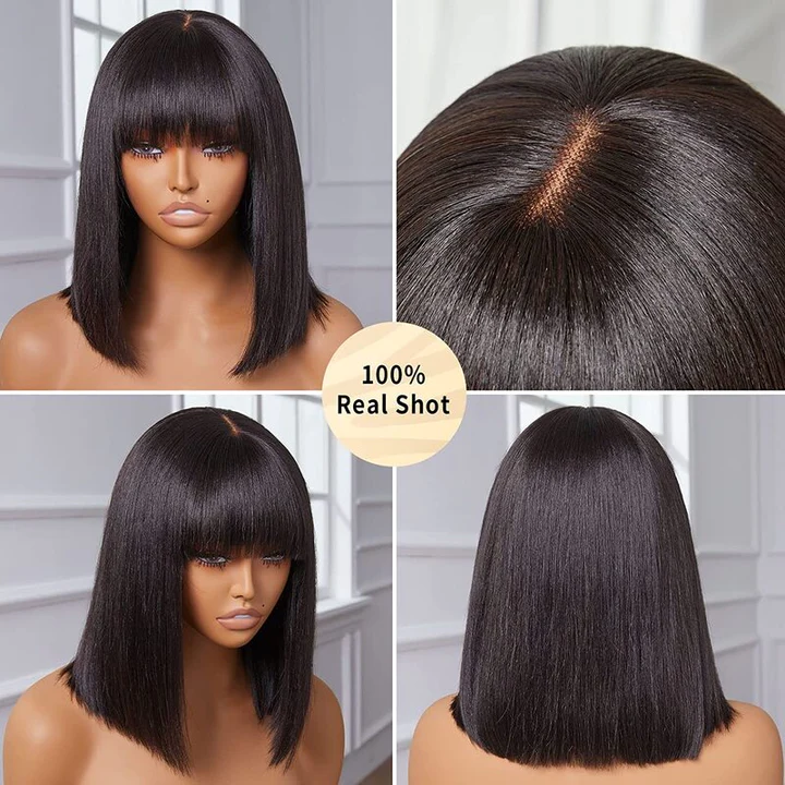 Human Hair Short Bob Wig With Bangs Black and Blonde bob wig with fringe