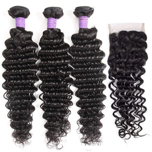 Brazilian Deep Wave Bundles with Closure 10A Virgin Human Hair Bundles with Closure Wet and Wavy Curly Hair Weave 3 Bundles with Lace Closure Free Part