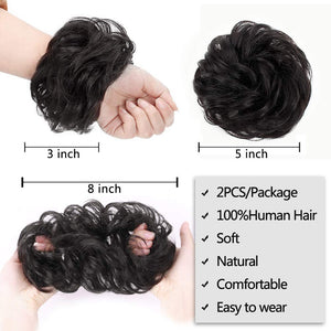 100% Really Bun Human Hair 2 PCS Messy Bun Scrunchy Wave Curly Chignon Hair Piece for Women Kids and Wedding Updo Donut Hair Clip Extension Ponytails