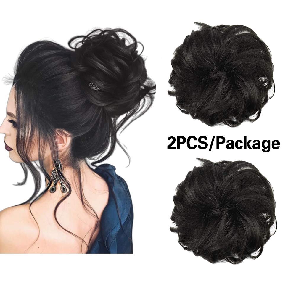 100% Really Bun Human Hair 2 PCS Messy Bun Scrunchy Wave Curly Chignon Hair Piece for Women Kids and Wedding Updo Donut Hair Clip Extension Ponytails