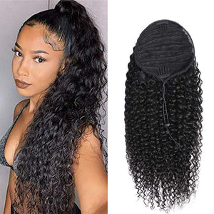 Human Hair Ponytail Extensions Yaki Afro Kinky Straight Curly Ponytail Wrap Drawstring Human Hair Natural Black Color Hairpiece with Clip in Binding Pony Tail