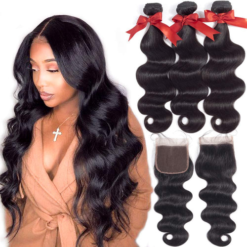 Bex Hair Brazilian Human Hair Body Wave 3 Bundles with Closure Unprocessed Brazilian Body Wave Human Hair Double Weft with Lace Closure 4×4 Free Part