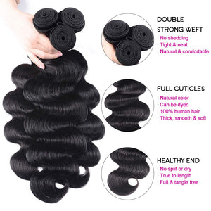 Bex Hair Brazilian Human Hair Body Wave 3 Bundles with Closure Unprocessed Brazilian Body Wave Human Hair Double Weft with Lace Closure 4×4 Free Part