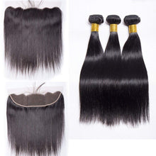 Load image into Gallery viewer, Straight Bundles with 13x4 Lace Frontal 10a Grade 100% Unprocessed Brazilian Virgin Human Hair Natural Black Color Soft Hair for Black Women